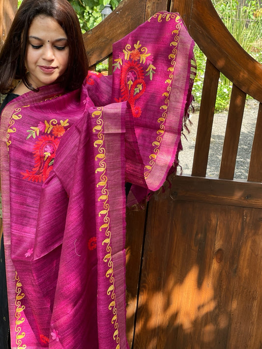 Purplish Pink Kashmiri Aari Embroidered Dupatta in Geecha Silk