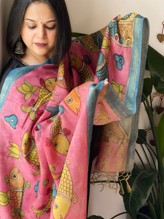 Handpainted Kalamkari Dupatta in Chanderi Silk
