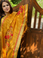 Yellow Kashmiri Aari Embroidered Dupatta in Geecha Silk