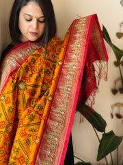 Yellow Handwoven Ikat Patola with Gotapatti & Pearl Handwork dupatta in Pure Silk