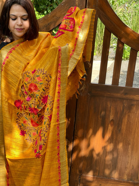 Yellow Kashmiri Aari Embroidered Dupatta in Geecha Silk