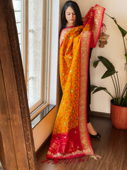 Yellow Handwoven Ikat Patola with Gotapatti & Pearl Handwork dupatta in Pure Silk