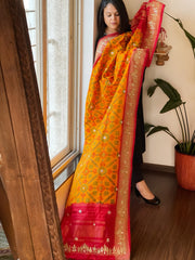 Yellow Handwoven Ikat Patola with Gotapatti & Pearl Handwork dupatta in Pure Silk