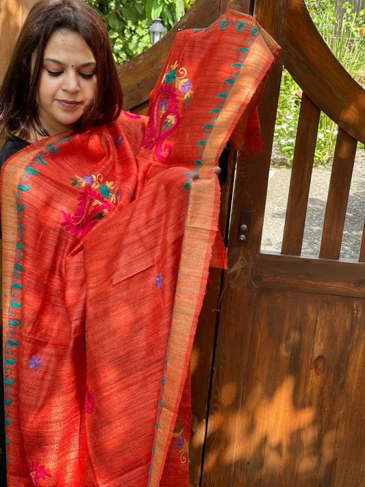 Orange Kashmiri Aari Embroidered Dupatta in Geecha Silk