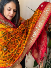 Yellow Handwoven Ikat Patola with Gotapatti & Pearl Handwork dupatta in Pure Silk