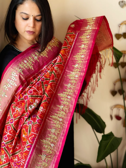 Orange Handwoven Ikat Patola with Gotapatti & Pearl Handwork dupatta in Pure Silk