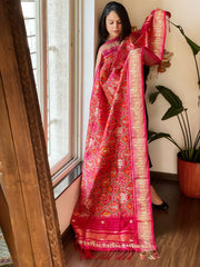 Orange Handwoven Ikat Patola with Gotapatti & Pearl Handwork dupatta in Pure Silk