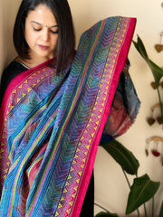 Blue, Pink Handmade Kantha Dupatta in Silk