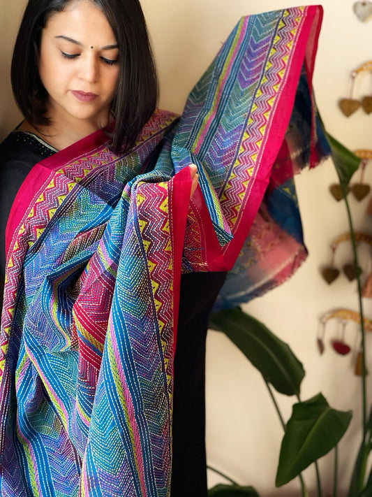 Blue, Pink Handmade Kantha Dupatta in Silk