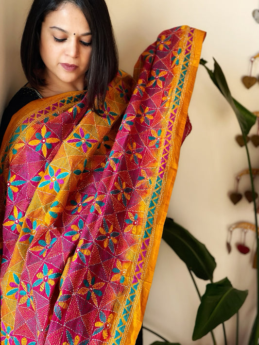 Mustard, Pink Handmade Kantha Dupatta in Silk