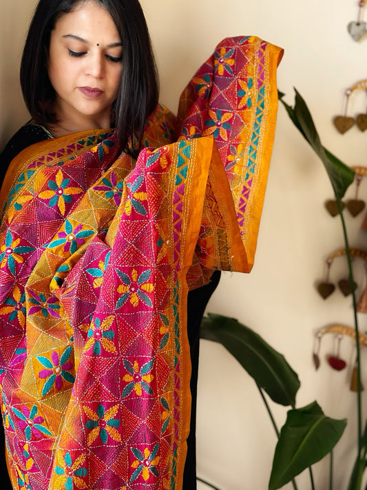 Mustard, Pink Handmade Kantha Dupatta in Silk