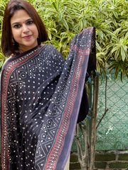 Black Handblock Printed Ajrakh Dupatta with Mukaish Handwork