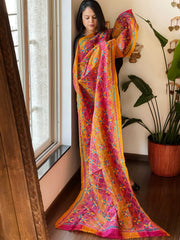 Mustard, Pink Handmade Kantha Dupatta in Silk