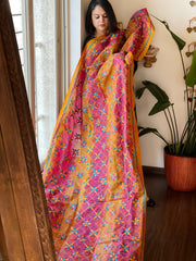 Mustard, Pink Handmade Kantha Dupatta in Silk