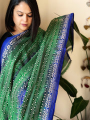 Blue, Green Handmade Kantha Dupatta in Silk