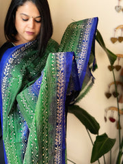 Blue, Green Handmade Kantha Dupatta in Silk