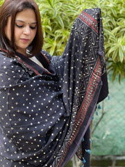 Black Handblock Printed Ajrakh Dupatta with Mukaish Handwork