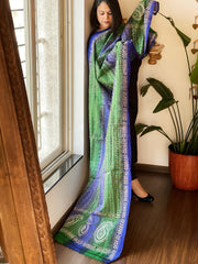 Blue, Green Handmade Kantha Dupatta in Silk