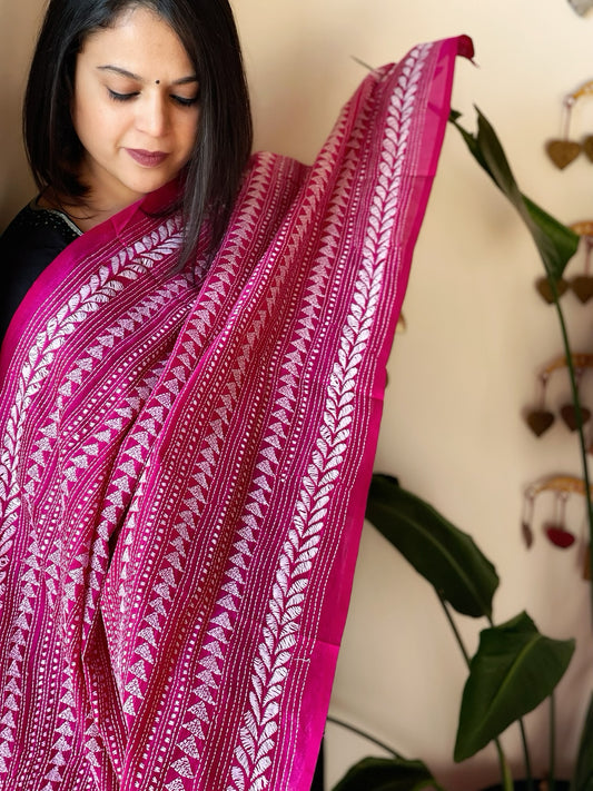 Pink Handmade Kantha Dupatta in Silk