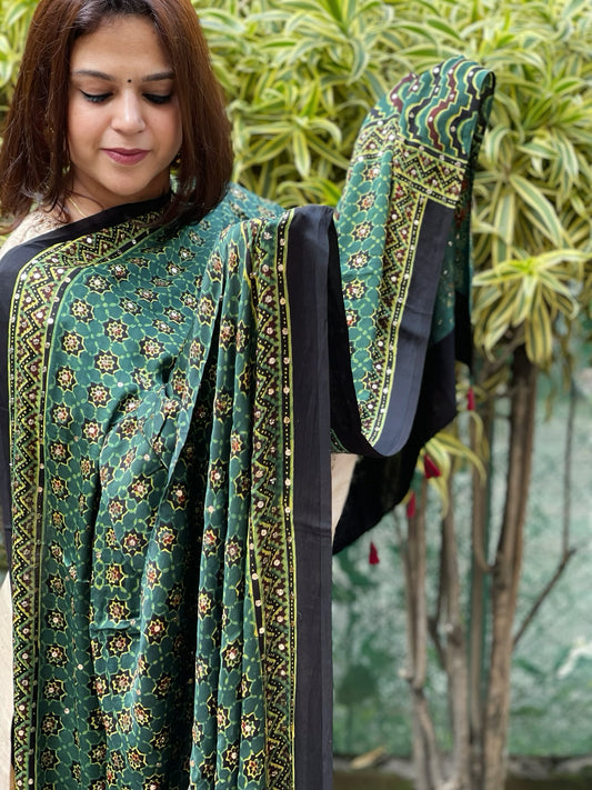 Green Handblock Printed Ajrakh Dupatta with Mukaish Handwork