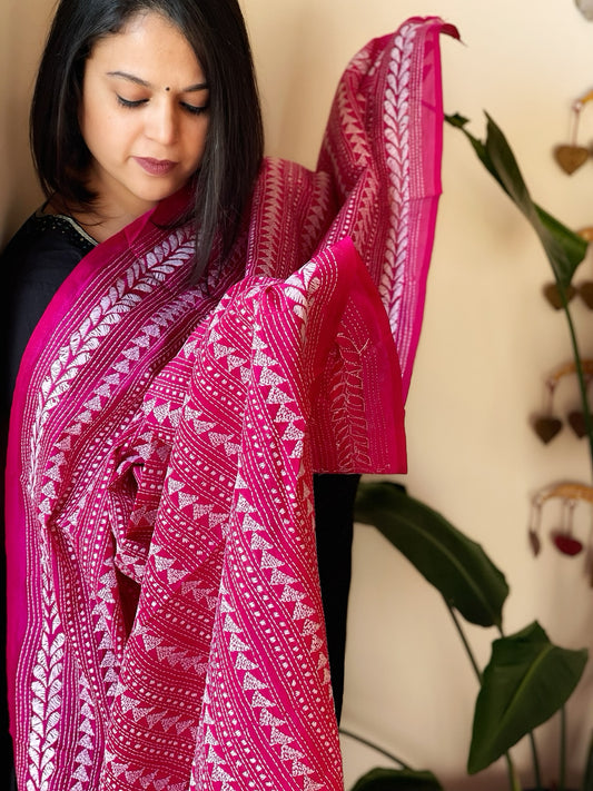 Pink Handmade Kantha Dupatta in Silk