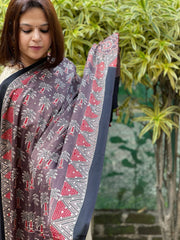 Purplish Brown Handblock Printed Ajrakh Dupatta with Mukaish Handwork