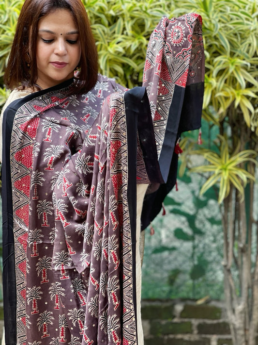 Purplish Brown Handblock Printed Ajrakh Dupatta with Mukaish Handwork