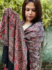 Purplish Brown Handblock Printed Ajrakh Dupatta with Mukaish Handwork