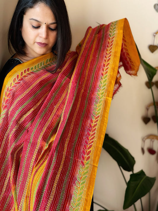 Mustard, Red Handmade Kantha Dupatta in Silk