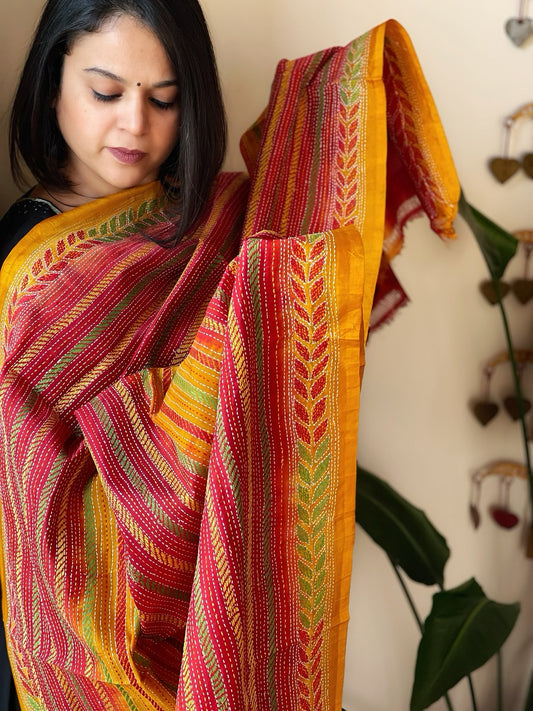 Mustard, Red Handmade Kantha Dupatta in Silk