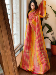 Mustard, Red Handmade Kantha Dupatta in Silk