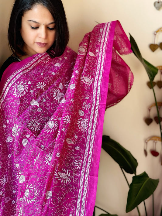 Pink Handmade Kantha Dupatta in Silk