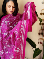 Pink Handmade Kantha Dupatta in Silk