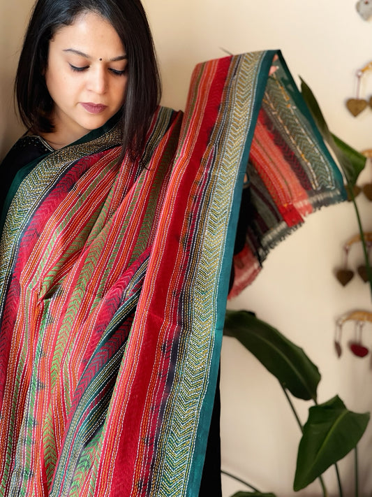 Green, Red Handmade Kantha Dupatta in Silk