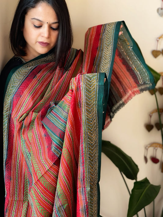 Green, Red Handmade Kantha Dupatta in Silk