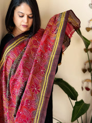 Red, Cola Handmade Reverse Kantha Dupatta in Silk