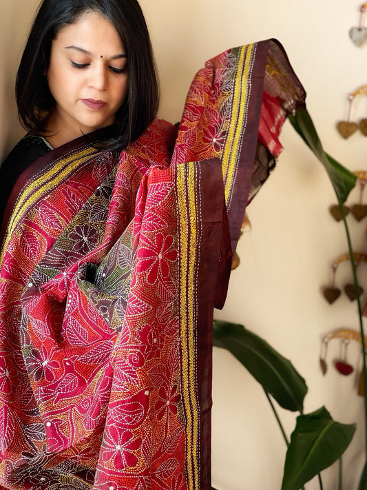 Red, Cola Handmade Reverse Kantha Dupatta in Silk