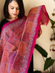 Pink, Orange Handmade Kantha Dupatta in Silk