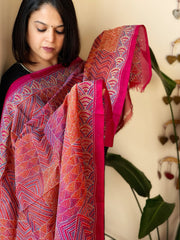 Pink, Orange Handmade Kantha Dupatta in Silk