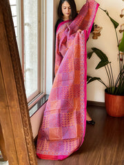 Pink, Orange Handmade Kantha Dupatta in Silk