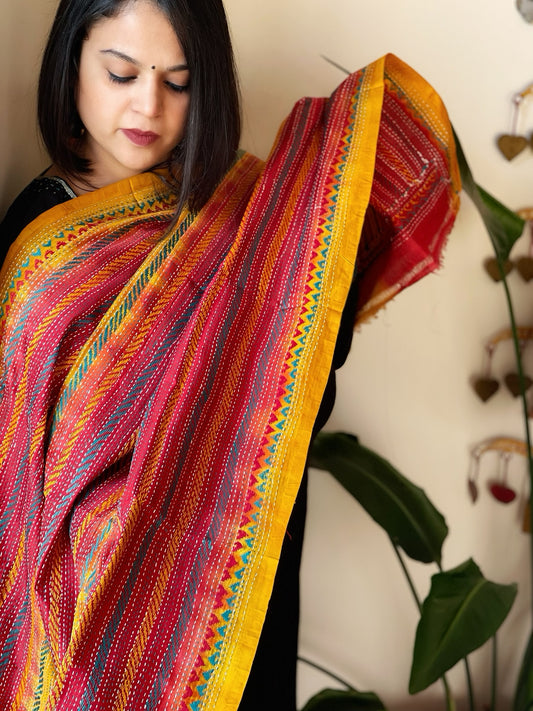 Yellow, Pink Handmade Kantha Dupatta in Silk