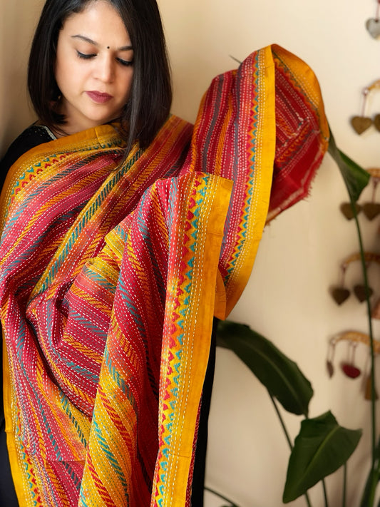 Yellow, Pink Handmade Kantha Dupatta in Silk