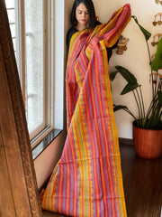 Yellow, Pink Handmade Kantha Dupatta in Silk