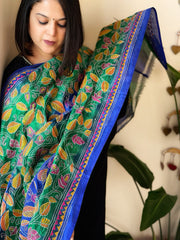 Blue, Green Handmade Kantha Dupatta in Silk