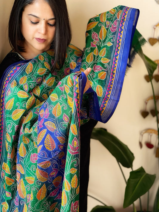 Blue, Green Handmade Kantha Dupatta in Silk