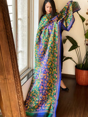 Blue, Green Handmade Kantha Dupatta in Silk