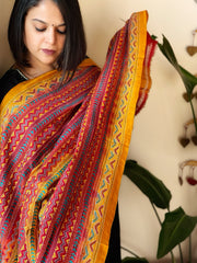 Mustard, Red Handmade Kantha Dupatta in Silk