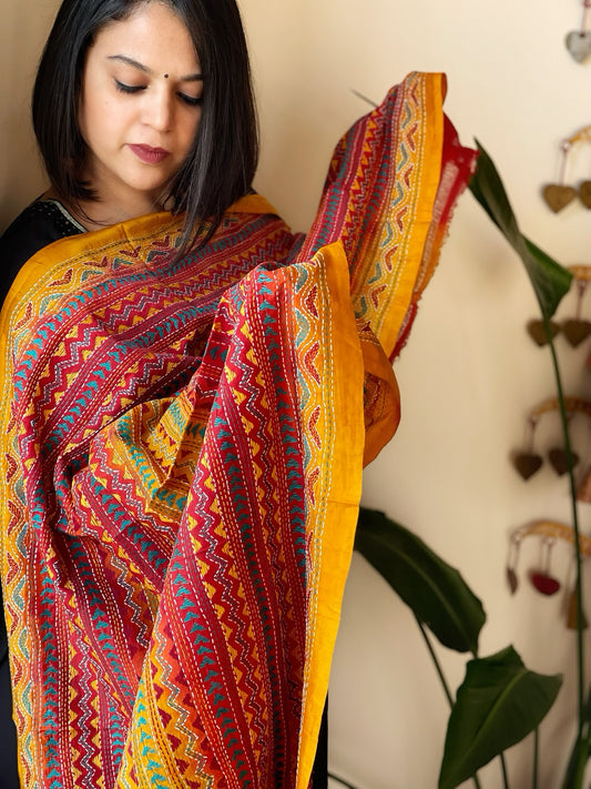 Mustard, Red Handmade Kantha Dupatta in Silk