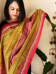 Yellow, Red Handmade Kantha Dupatta in Silk