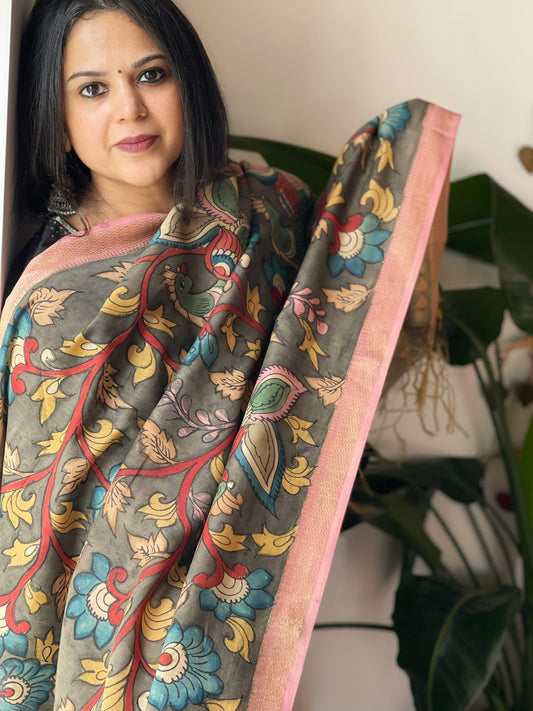 Handpainted Kalamkari Dupatta in Chanderi Silk